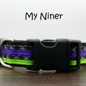 Adjustable Black Dog Collar: Purple & Neon Green Accents, 1-Inch Wide