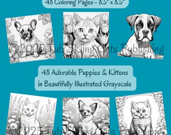 子犬と子猫のぬり絵、グレースケールと標準（PDFファイル5つ）