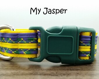 Puede incluir: Un collar para perro de color amarillo, verde y morado con una hebilla de plástico verde y un anillo en D plateado. El collar está etiquetado como "My Jasper".