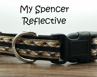 Reflective 1 Inch Wide Dog Collar Black and Tan, Choose Black Or Tan Buckle, Washable  - My Spencer-R - Dog Mom Gift