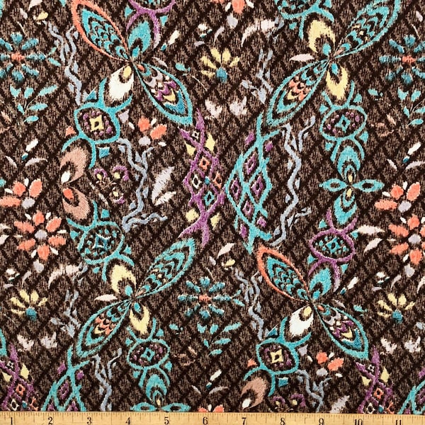 Victoria & Albert Museum, London for Rowan for Westminster Fibres, Bromley Collection PWVA022 IKAT DAMASK Brown. Turquoise,Coral,Mauve,Brown