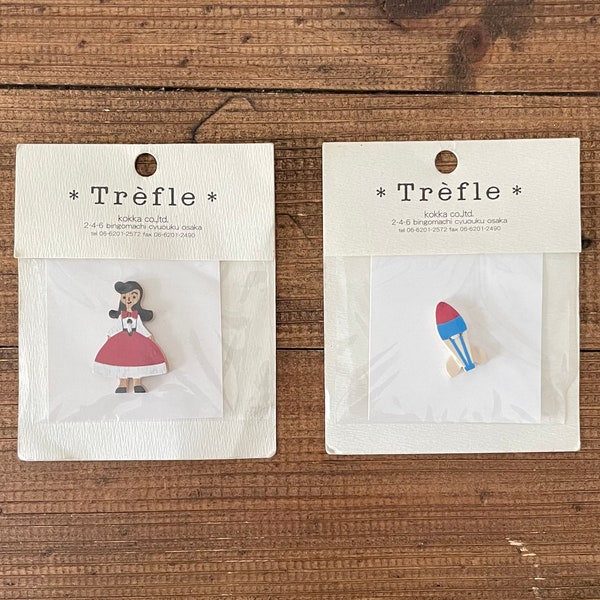 Kokka Trèfle Milkmaid and Rocket wooden buttons, made in Japan, original package.