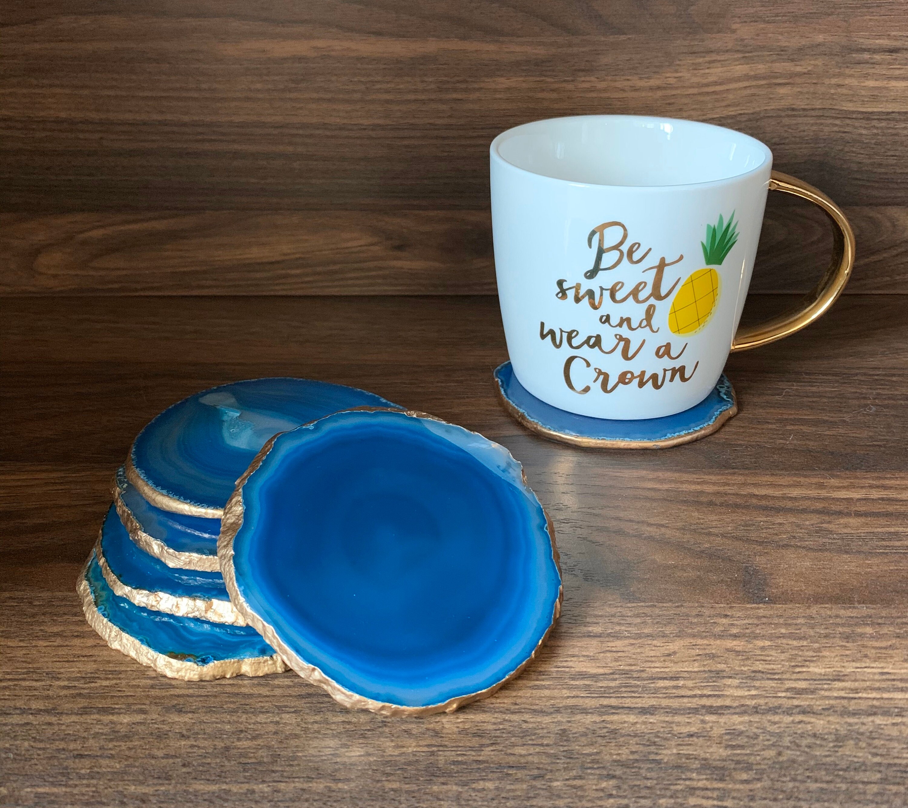 Teal Agate Coaster. Gold Rimmed. Rubber Bumpers. Drink Etsy