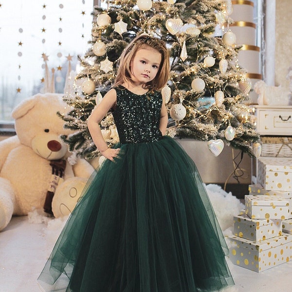 Emerald sequin Flower Girl Dress, Tutu green tulle dress for Photoshoot, First Birthday, Wedding, More colors,it can be Communion Dress
