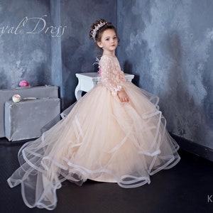 Dotted tulle Flower Girl Dress, Powder tutu Girl Dress for Birthday Wedding Party, 3d Lace and feathers, detachable train, Bridesmaid Dress