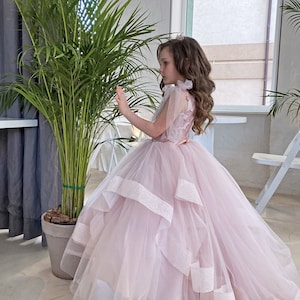 Blush pink glitter tulle flower girl dress with bow on buttons for special occasion bridesmaid party wedding pageant birthday photoshoot