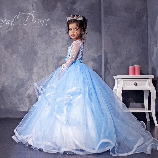 Soft blue Tulle Flower Girl Dress with detachable train,Long sleeve Polka dot Lace Dress,3d flowers and feathers tutu Birthday Girl Dress