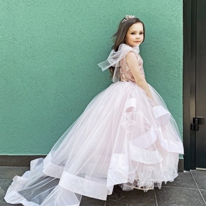 Blush Pink Glitter Tulle Flower Girl Dress With Bow on Buttons for ...