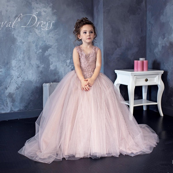 Blush pink Flower Girl Dress, Ivory Girl Dress, Birthday Wedding Party, Lace Girl Dress, Comunion Dresses, Wedding Gown Bridesmaid Dress