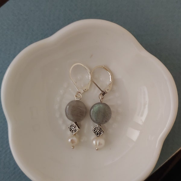 Elegant Gray Labradorite Coin and seed Pearl with Silver-plated Lever-back Earrings