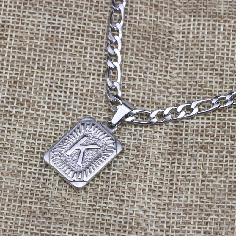 Silver Initial Letter Pendant Necklace \ufe33Square Alphabet Rectangle Medallion Pendant \ufe33Boho Vintage Square Necklace Unisex Gift for Women Men