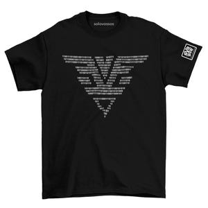 May include: Black t-shirt with a white binary code design in a triangular shape. The text "solovossos" is above the design. A small white square logo is on the right sleeve.