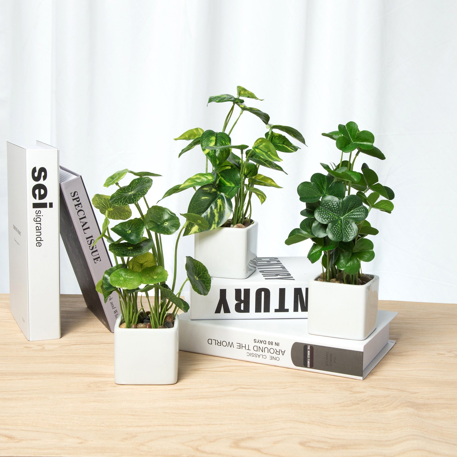 Set of 3 Potted Artificial Plants Faux Tabletop Greenery