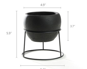 A 5.6 inch Black Round Cement Succulent Container, Cactus Planter Pot with a Decorative Black Metal Rack Plant Stand