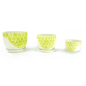 Set of 3Lime Yellow Daisies Ceramic Planter Pots  w/Draining Holes and Saucer