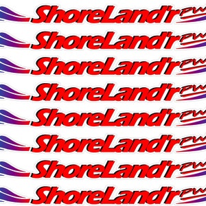 May include: A sheet of ShoreLand'r PWC stickers. The stickers feature a red ShoreLand'r PWC logo with a stylized wave design in green, blue, and purple. The stickers are designed for personal watercraft.
