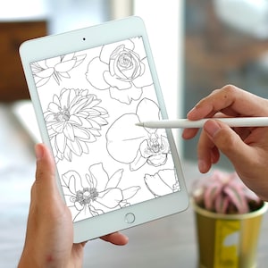 Procreate - Digital Floral stamp bundle - Tattoo Stencil - Fine line flowers - Procreate Brushes