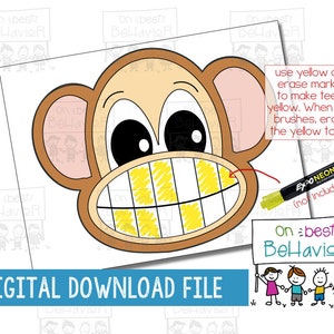 May include: A digital download file showing a cartoon monkey face with yellow teeth. The image includes instructions to use a yellow dry-erase marker to colour the teeth and erase them. The text "On best Behavior" is also present.