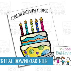 May include: A printable digital download file for a "Calm Down Cake" colouring page. The image features a colourful cartoon cake with candles and a blue and yellow swirl design. The text "Calm Down Cake" is written in black at the top of the page.