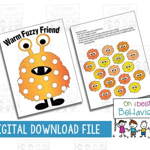 K&ouml;nnte beinhalten: Eine druckbare Aktivit&auml;t f&uuml;r Kinder mit einem freundlichen orangefarbenen Monster mit wei&szlig;en Punkten. Das Monster hat ein breites L&auml;cheln und ihm fehlen einige seiner Punkte. Die Aktivit&auml;t beinhaltet einen Satz flauschiger Teile mit fr&ouml;hlichen Gesichtern, die auf die fehlenden Punkte des Monsters gelegt werden k&ouml;nnen. Die Anweisungen sind auf der Seite gedruckt und beinhalten den Text "Warm Fuzzy Friend".