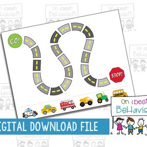 May include: A printable game board with a road track, a stop sign, and a go sign. The game board features a variety of vehicles including a police car, a taxi, a fire truck, a dump truck, a tractor, and a school bus. The game board also features a sign that says "On best behavior".