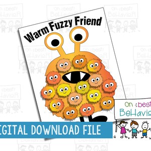 K&ouml;nnte beinhalten: Ein druckbares Klassenzimmer-Diagramm mit einem freundlichen orangefarbenen Monster mit einem gro&szlig;en L&auml;cheln und vielen flauschigen orangefarbenen, gelben und roten Flecken. Das Diagramm lautet "Warm Fuzzy Friend" und "On best Behavior".