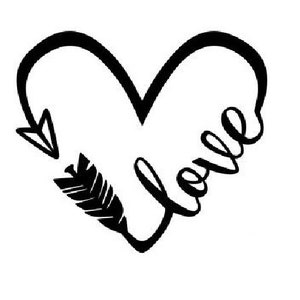 May include: Black and white illustration of a heart with an arrow through it. The word "love" is written inside the heart.