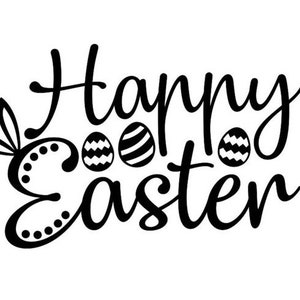 May include: Black and white graphic design with the text "Happy Easter" and three stylized Easter eggs.