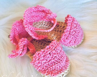 Baby espadrilles- crocheted with pink and tan yarns