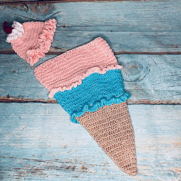 Baby Cocoon - Crocheted- hand crocheted multi colored baby ice cream cone cocoon for newborn swaddling