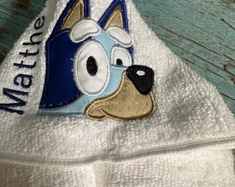 Hooded Towel embroidered- Blue puppy