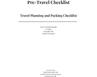 Paquete de listas de verificación previas al viaje, planificación de viajes, lista de equipaje, planificador de vacaciones, PDF imprimible, descarga instantánea