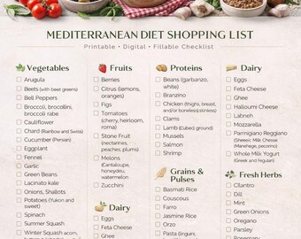 Lista de la compra para la dieta mediterránea, planificación de comidas saludables (descarga digital)
