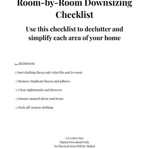 May include: A white digital checklist titled "Room-by-Room Downsizing Checklist." The checklist includes steps to declutter and simplify each area of the home, with a focus on the bedroom. The text "Contain Your Life" is at the bottom.