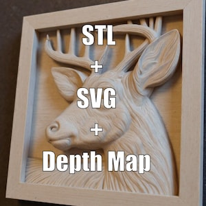 May include: A light-coloured wooden relief carving of a deer head within a rectangular frame. The carving features detailed antlers and facial features. Text overlay reads "STL + SVG + Depth Map".