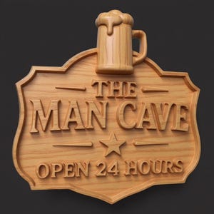 May include: Wooden sign with the text "THE MAN CAVE OPEN 24 HOURS" and a carved beer mug. The sign is made of light-colored wood and has a decorative border. A star is carved below the words "MAN CAVE".