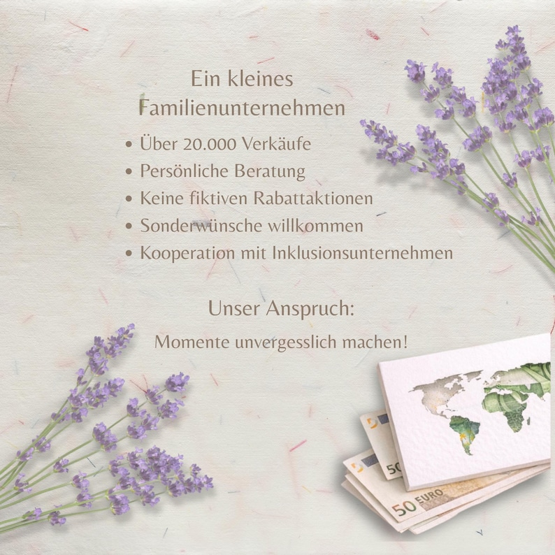 May include: A light-colored textured card featuring German text about a small family business, over 20,000 sales, personal advice, no fake discounts, custom requests, and inclusive cooperation. Sprigs of purple lavender frame the text and a stack of 50 Euro bills.