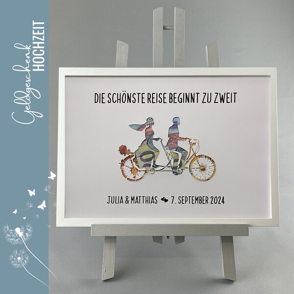 personalized wedding gift cash gift bride and groom on a tandem - 113-0