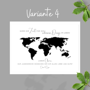 May include: A white rectangular card featuring a black silhouette of a world map in the center. The text reads: NIMM DIR Zeit F&Uuml;R DIE sch&ouml;nen Dinge IM LEBEN! LIEBER Chris. ZUR JUGENDWEIHE W&Uuml;NSCHEN WIR DIR ALLES LIEBE UND GUTE! Oma & Opa.