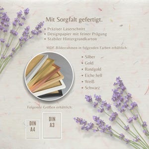 May include: A product information card featuring lavender sprigs and text detailing features like laser cutting, textured design paper, and sturdy backing. It lists MDF frame colors including silver, gold, rose gold, light oak, white, black, and sizes A4 and A3.