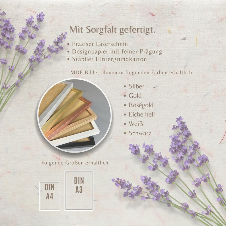May include: A product information card featuring lavender sprigs and text detailing features like laser cutting, textured design paper, and sturdy backing. It lists MDF frame colors including silver, gold, rose gold, light oak, white, black, and sizes A4 and A3.