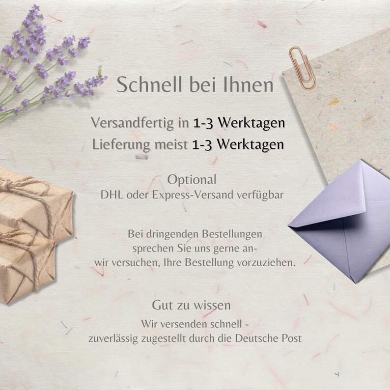 May include: A textured off-white background featuring a sprig of purple lavender, a brown paper-wrapped gift tied with twine, a copper-colored paper clip, and a light purple envelope. The text reads Schnell bei Ihnen, Versandfertig in 1-3 Werktagen, Lieferung meist 1-3 Werktagen, Optional DHL oder Express-Versand verf&uuml;gbar, Bei dringenden Bestellungen sprechen Sie uns gerne an, wir versuchen, Ihre Bestellung vorzuziehen, Gut zu wissen, Wir versenden schnell - zuverl&auml;ssig zugestellt durch die Deutsche Post.