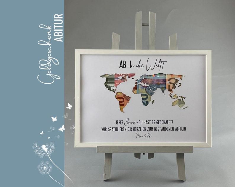 personalized money gift WORLD MAP Abitur school graduation 057 image 1