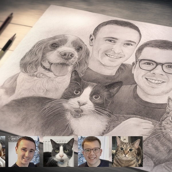 Hand Drawn Professionally Sketched Pencil Drawing. Combine Photos for the Perfect Hand Sketched Family Portrait - Photo Restoration Included