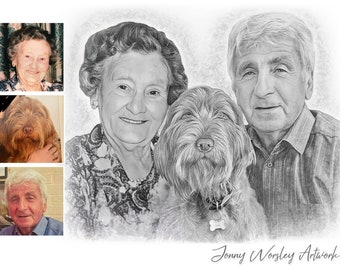 Personalised Group Sketch - Professionally created Custom Portrait From Your Photos - Artist sketching paper or canvas prints, perfect gift