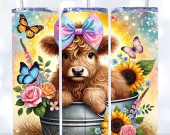 Highland Cow 20oz Tumbler Wrap: Floral Metal Tub (Digital Download)