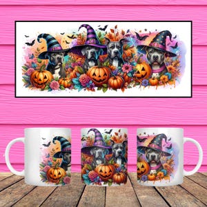 May include: White ceramic mug featuring a Halloween design with three dogs wearing witch hats, surrounded by pumpkins, flowers, and bats. The design is printed on the mug's surface, creating a festive and seasonal theme.