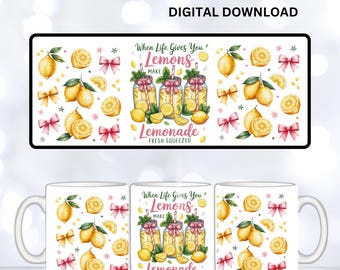 Lemon & Bow Mug Wrap Sublimation Design: 11oz/12oz/15oz (PNG Digital Download Template)