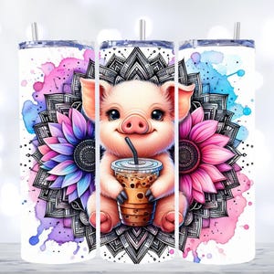 May include: Three white tumblers with a pink, blue, and purple watercolor background. Each tumbler features a black and white mandala design with a pink or blue flower. A cartoon pig holding a cup of coffee is in the center of each tumbler.