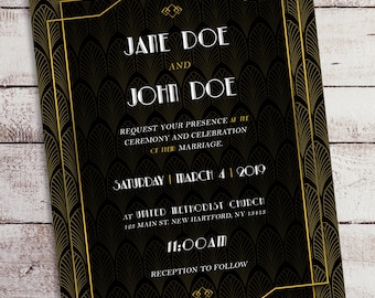 May include: A black and gold wedding invitation with an Art Deco design. The invitation features the names "Jane Doe" and "John Doe" and the date "Saturday, 4 March 2019".